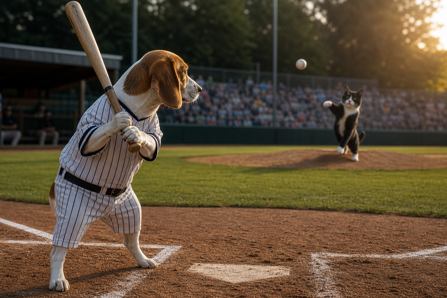 A dog batter facing a cat pitcher on a baseball diamond