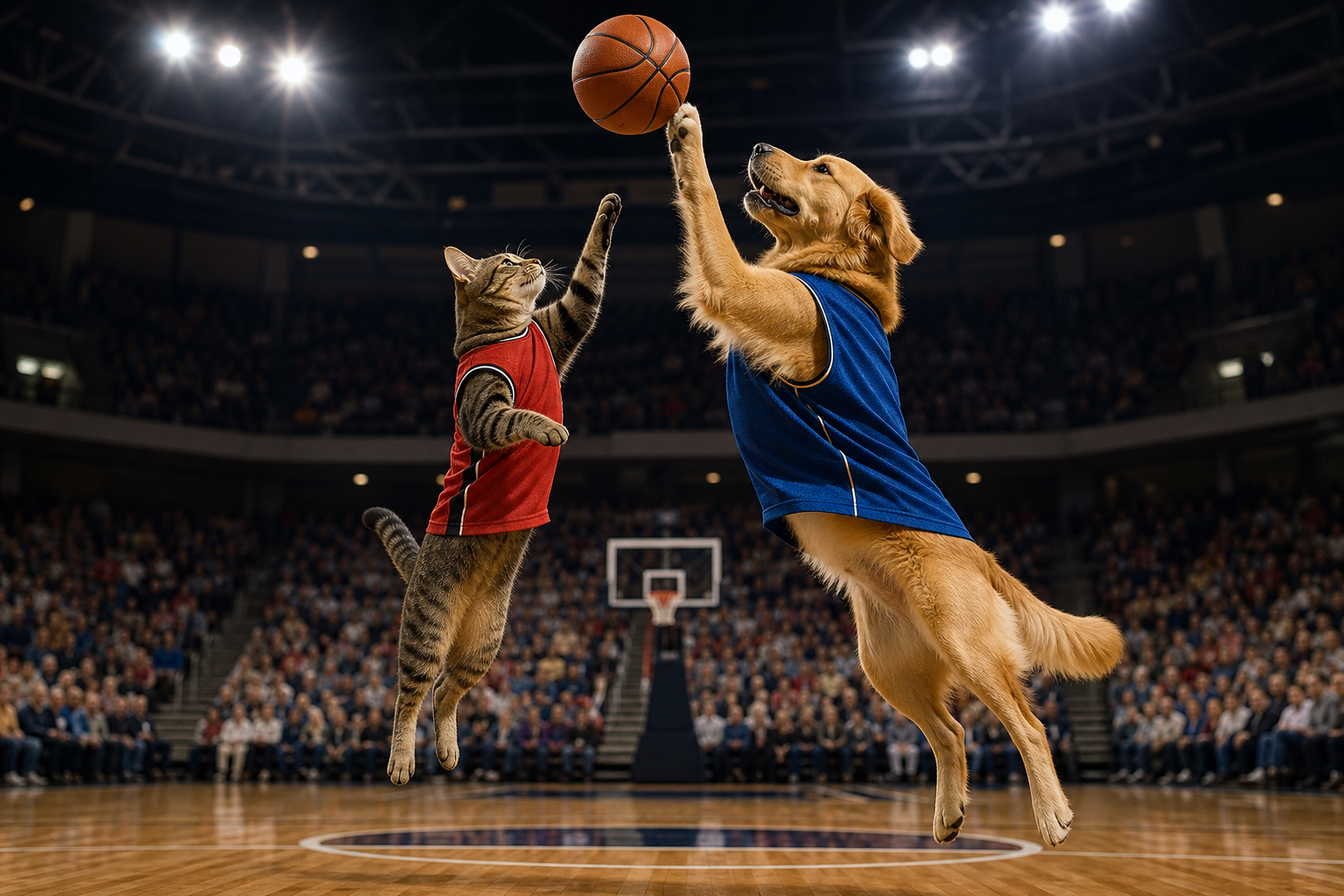 A tabby cat and golden retriever jumping for a basketball tipoff