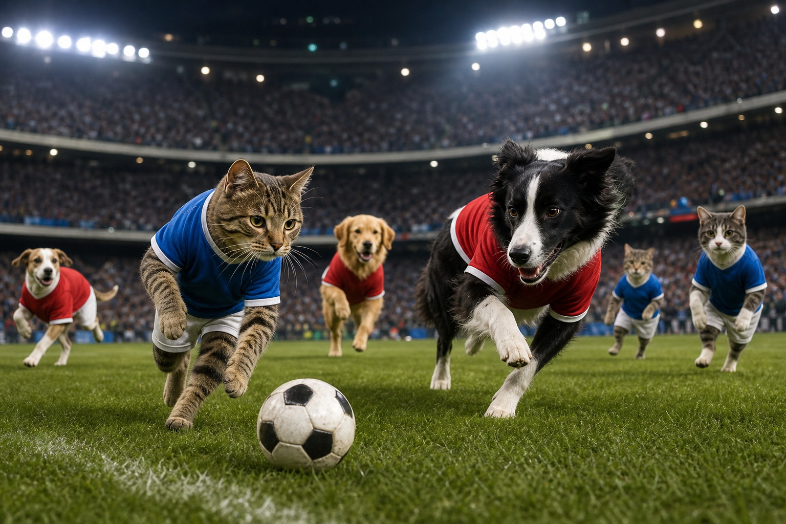 Cats and dogs charging after a soccer ball in a packed stadium