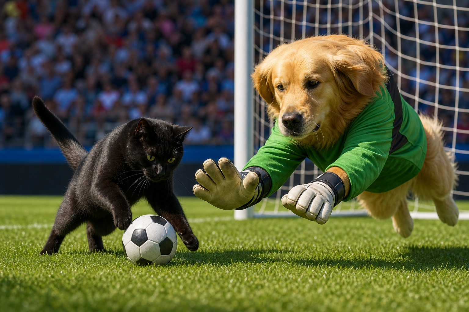 A cat striker and dog goalkeeper competing for a soccer ball