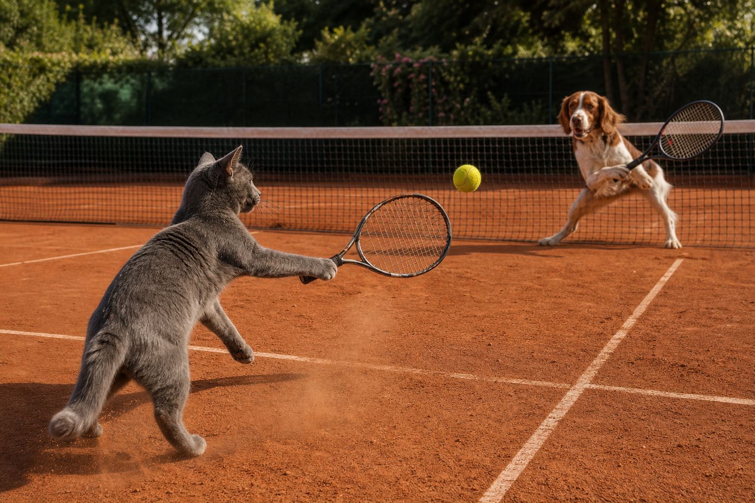 A cat and dog playing tennis across a clay court